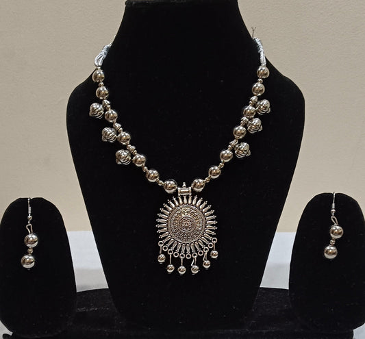 Pack of 2 Oxidized Silver Mandala Tri-Pendant and Circular Design Necklace Set
