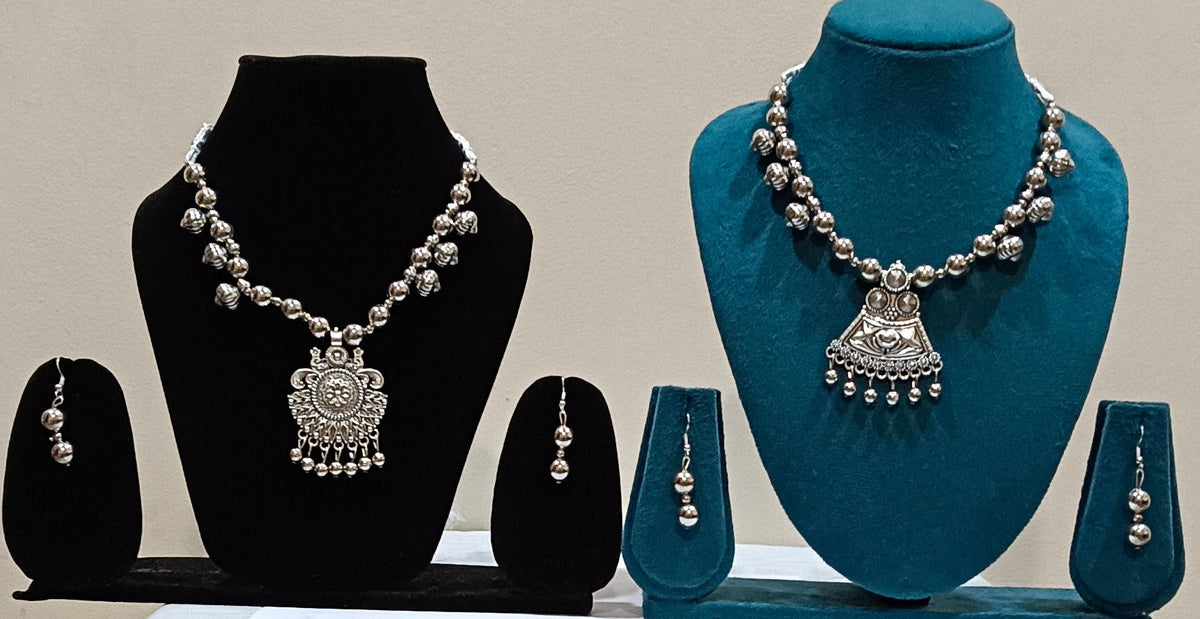 Pack of 2 Oxidized Silver Mandala Tri-Pendant and Flower Design Necklace Set