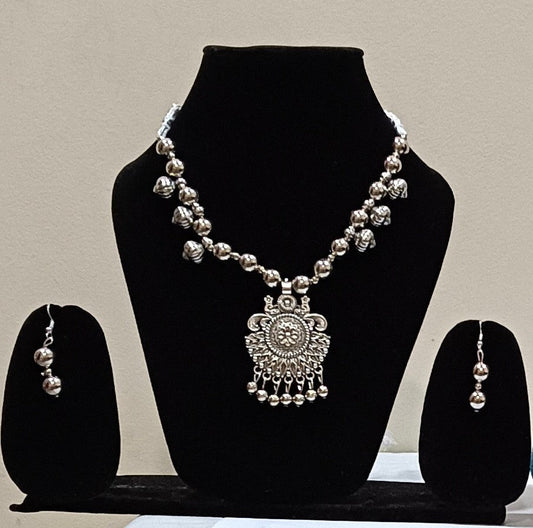 Pack of 2 Oxidized Silver Mandala Tri-Pendant and Flower Design Necklace Set