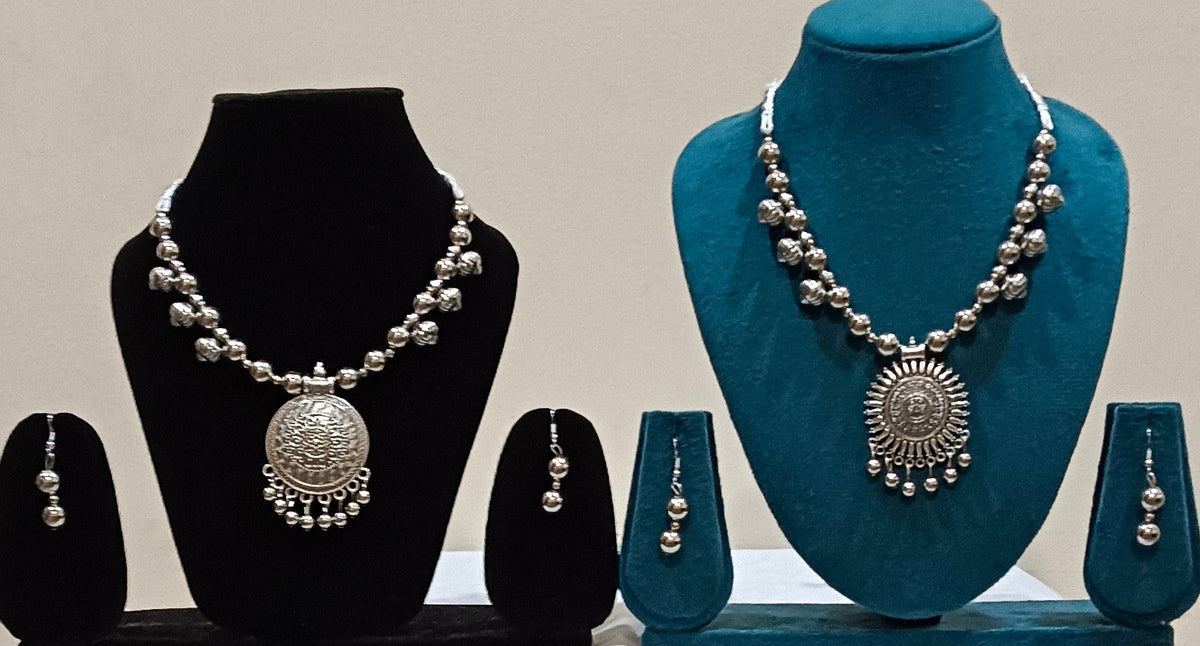 Pack of 2 Oxidized Silver Mandala SunBurst and Moon Design Necklace Set