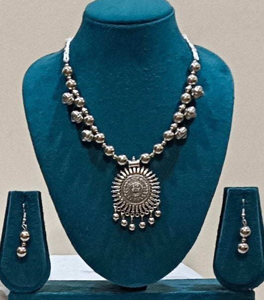 Pack of 2 Oxidized Silver Mandala SunBurst and Moon Design Necklace Set