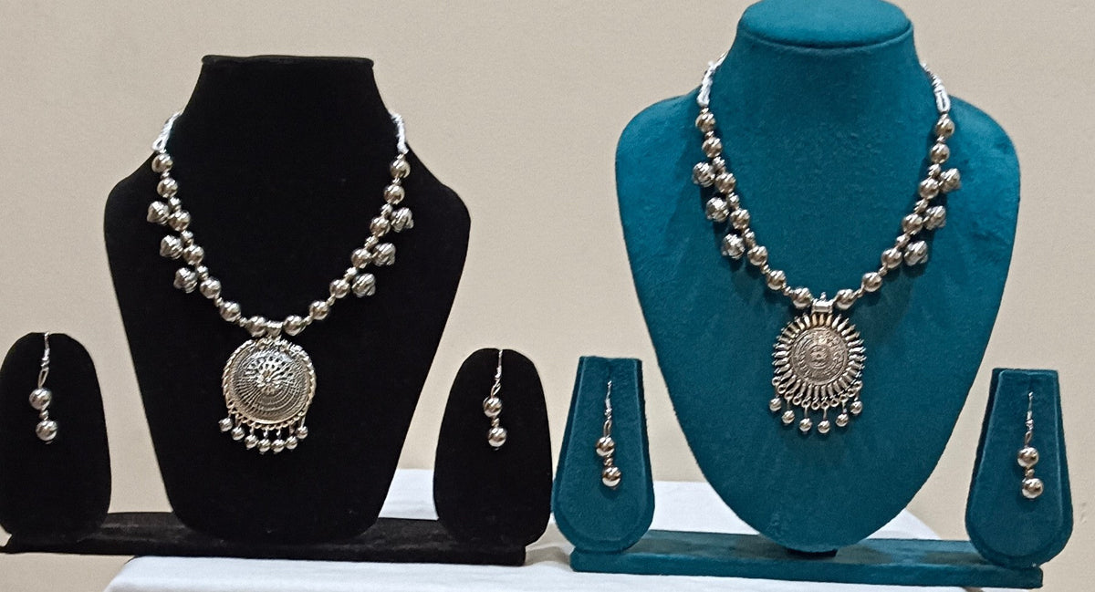Pack of 2 Oxidized Silver Mandala SunBurst and Peacock Design Necklace Set