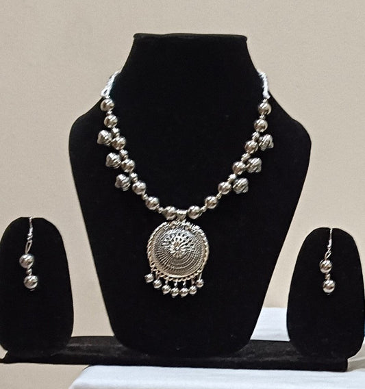 Pack of 2 Oxidized Silver Mandala SunBurst and Peacock Design Necklace Set