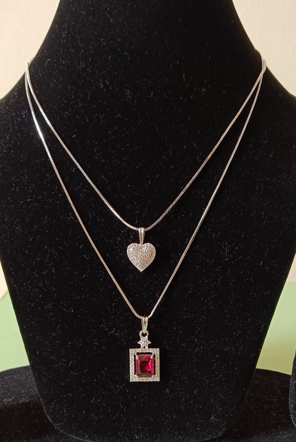 Pack of 2 Pendant Chains with 1 Silver Plated AD Studded Red Pendant and 1 Diamond Heart Shaped Pendant Chain