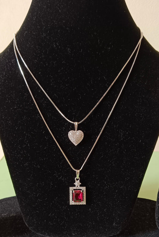 Pack of 2 Pendant Chains with 1 Silver Plated AD Studded Red Pendant and 1 Diamond Heart Shaped Pendant Chain