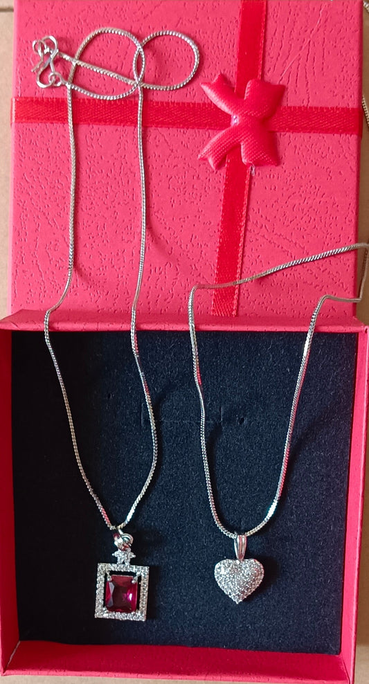 Pack of 2 Pendant Chains with 1 Silver Plated AD Studded Red Pendant and 1 Diamond Heart Shaped Pendant Chain