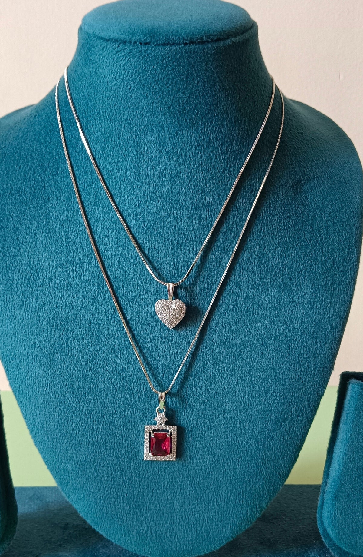 Pack of 2 Pendant Chains with 1 Silver Plated AD Studded Red Pendant and 1 Diamond Heart Shaped Pendant Chain