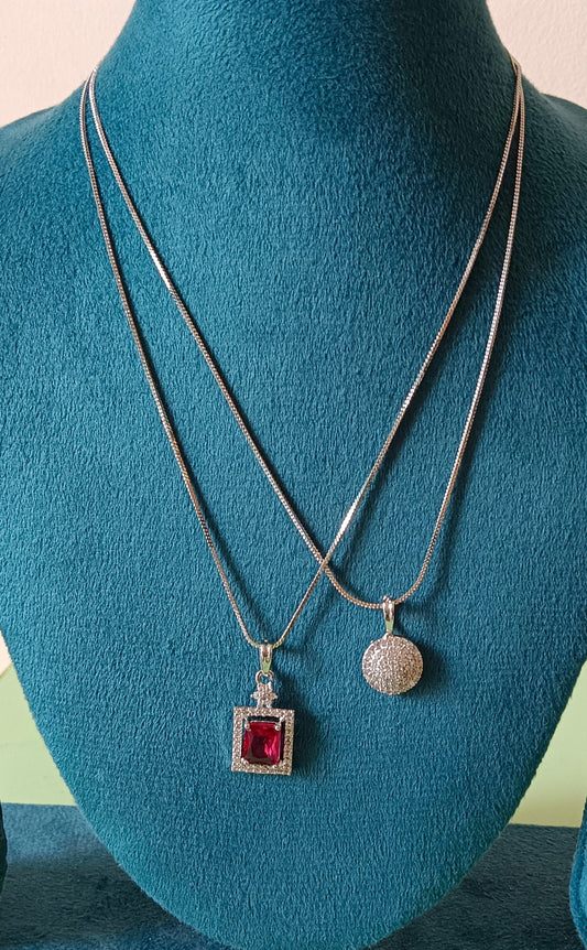 Pack of 2 Pendant Chains with 1 Silver Plated AD Studded Red Pendant and 1 Diamond Circle Shaped Pendant Chain