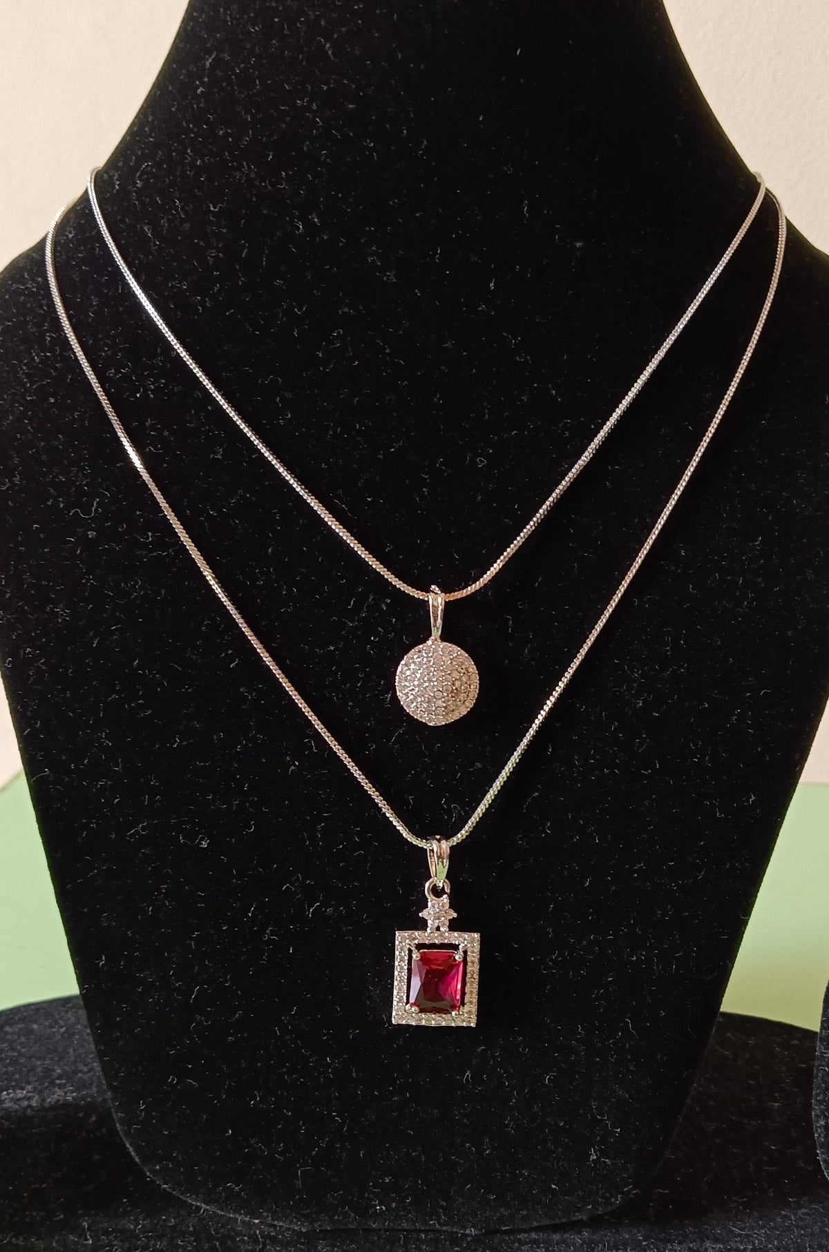 Pack of 2 Pendant Chains with 1 Silver Plated AD Studded Red Pendant and 1 Diamond Circle Shaped Pendant Chain