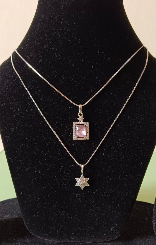 Pack of 2 Pendant Chains with 1 Silver Plated AD Studded Pink Pendant and 1 Diamond Star Shaped Pendant Chain