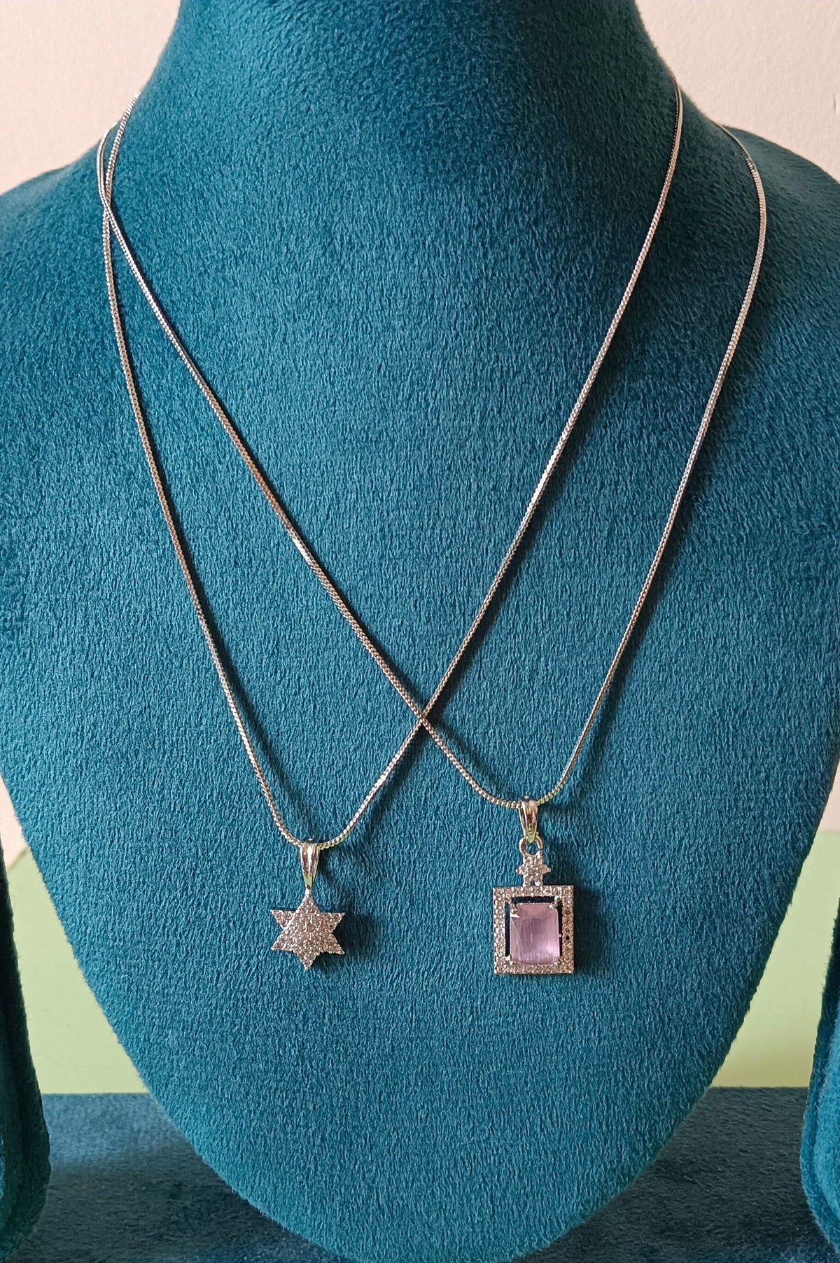 Pack of 2 Pendant Chains with 1 Silver Plated AD Studded Pink Pendant and 1 Diamond Star Shaped Pendant Chain