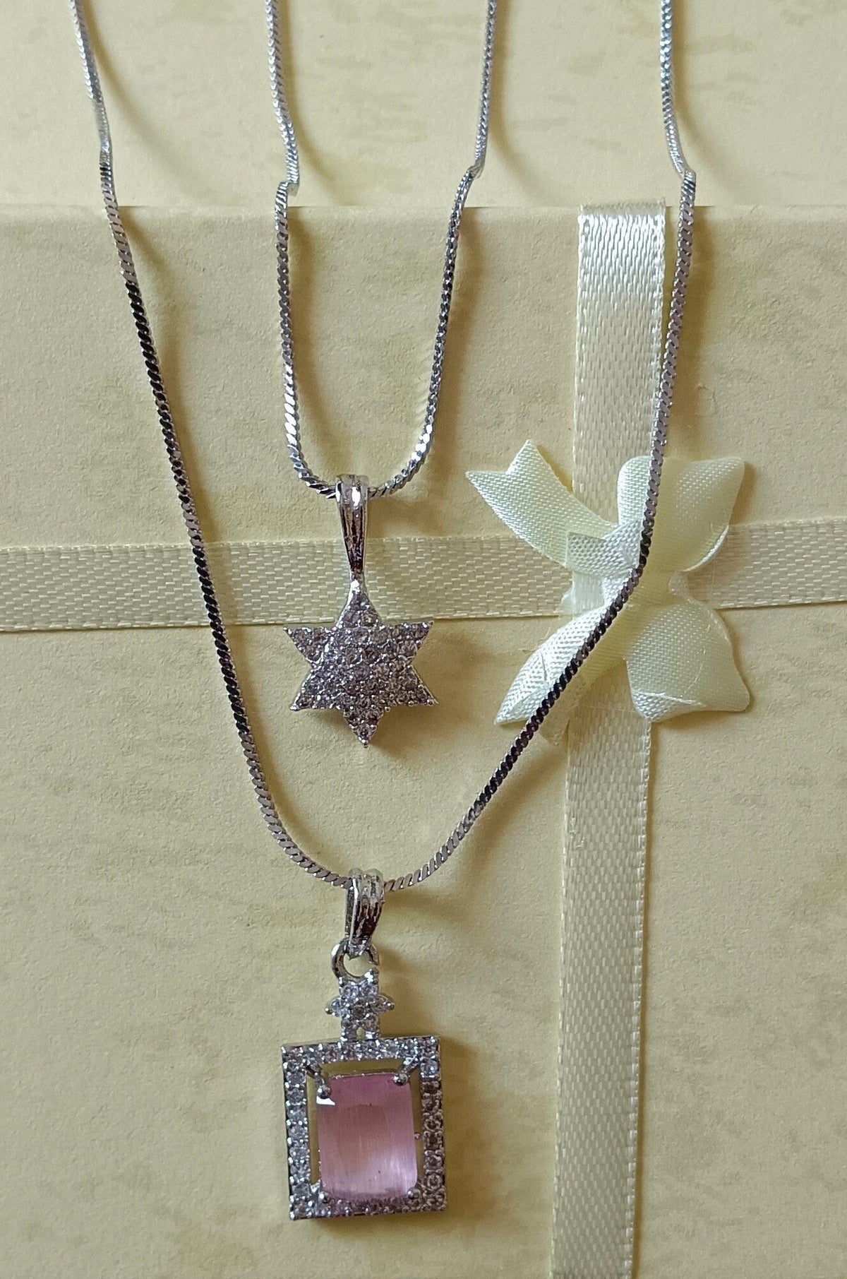 Pack of 2 Pendant Chains with 1 Silver Plated AD Studded Pink Pendant and 1 Diamond Star Shaped Pendant Chain