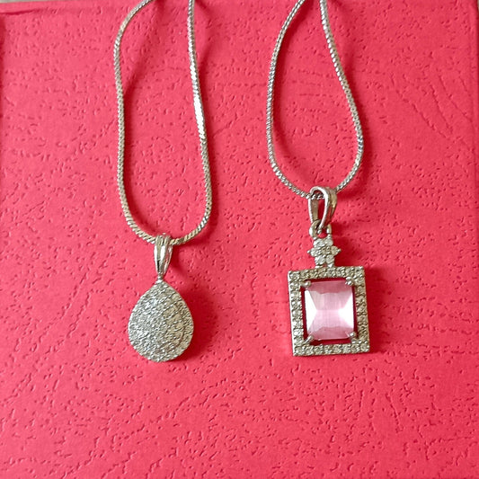 Pack of 2 Pendant Chains with 1 Silver Plated AD Studded Pink Pendant and 1 Diamond Tear Drop Shaped Pendant Chain