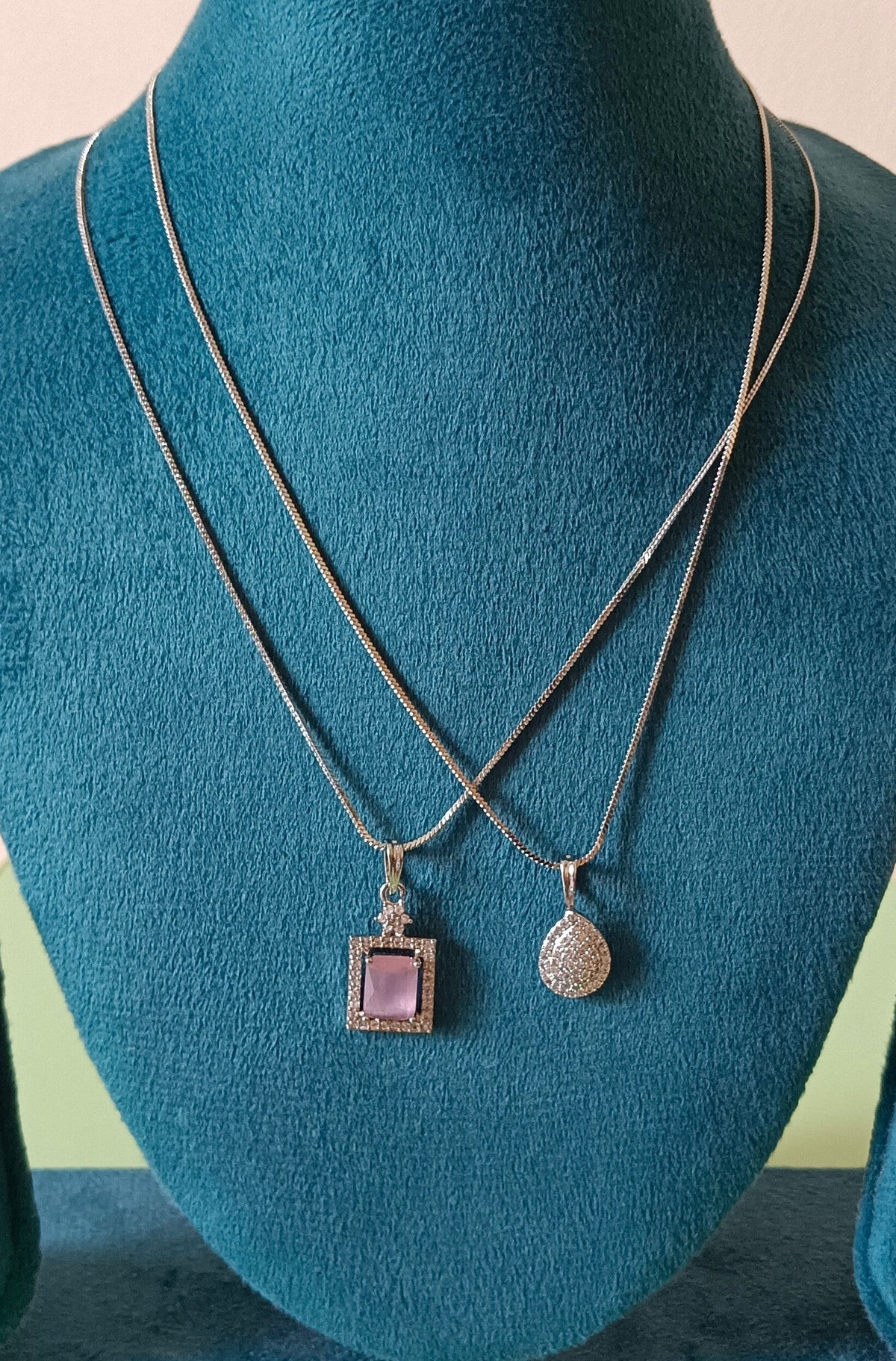 Pack of 2 Pendant Chains with 1 Silver Plated AD Studded Pink Pendant and 1 Diamond Tear Drop Shaped Pendant Chain