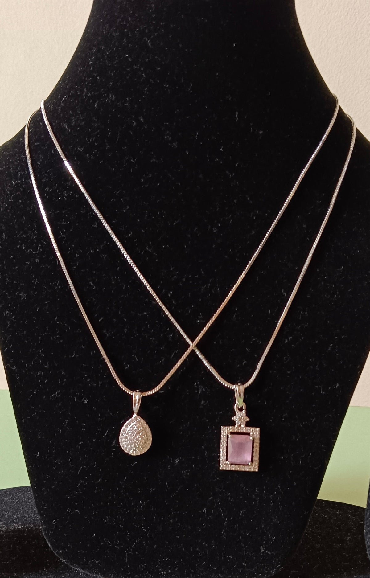Pack of 2 Pendant Chains with 1 Silver Plated AD Studded Pink Pendant and 1 Diamond Tear Drop Shaped Pendant Chain