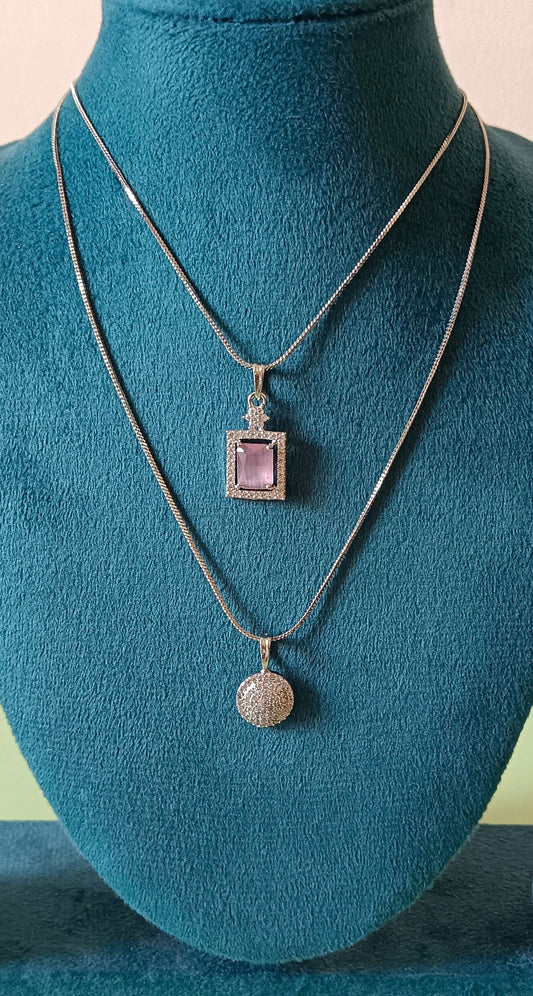 Pack of 2 Pendant Chains with 1 Silver Plated AD Studded Pink Pendant and 1 Diamond Circle Shaped Pendant Chain