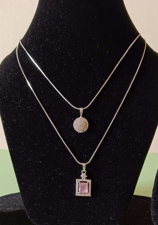 Pack of 2 Pendant Chains with 1 Silver Plated AD Studded Pink Pendant and 1 Diamond Circle Shaped Pendant Chain