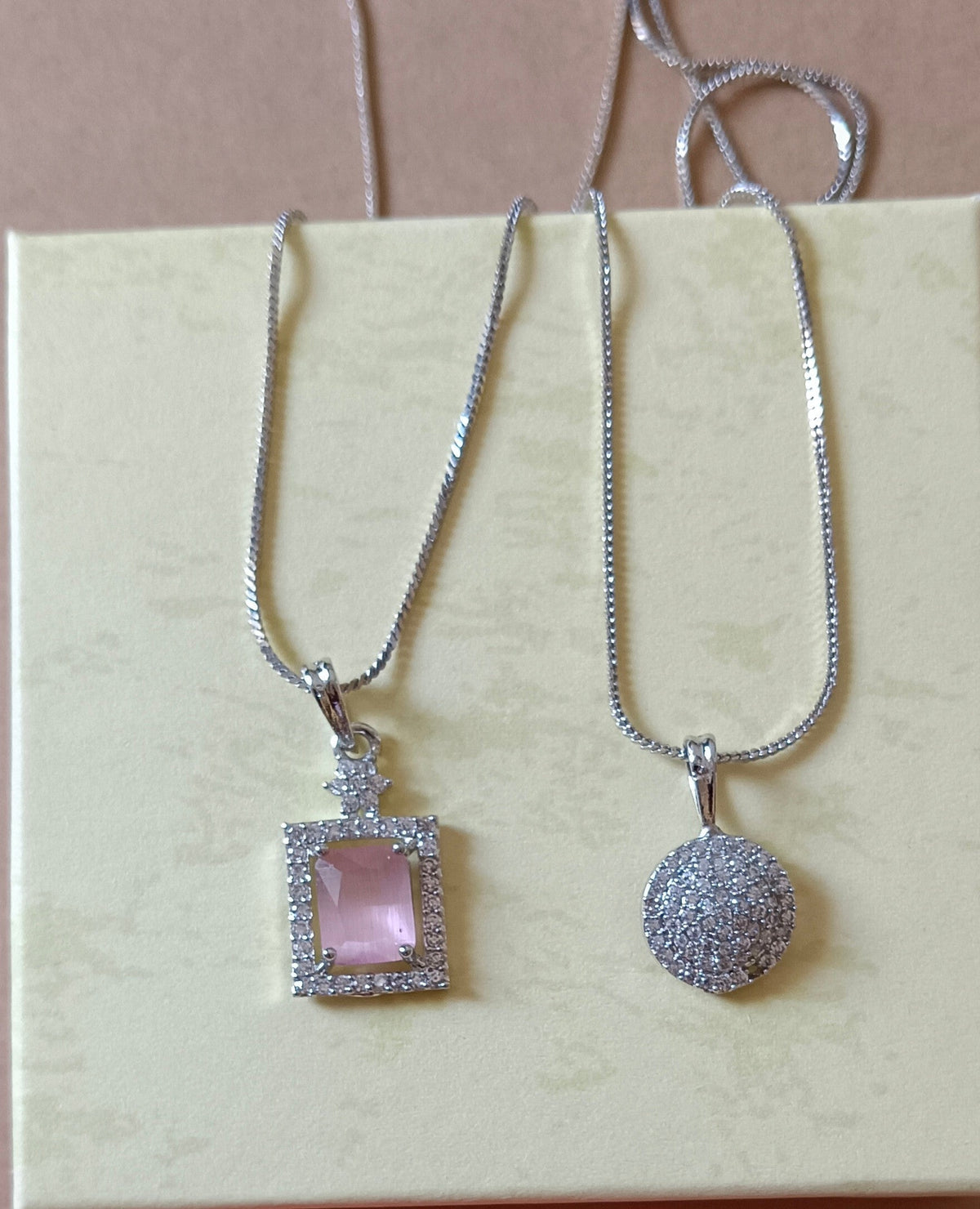 Pack of 2 Pendant Chains with 1 Silver Plated AD Studded Pink Pendant and 1 Diamond Circle Shaped Pendant Chain