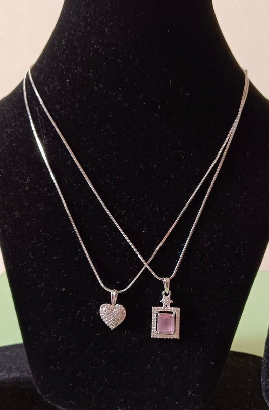 Pack of 2 Pendant Chains with 1 Silver Plated AD Studded Pink Pendant and 1 Diamond Heart Shaped Pendant Chain