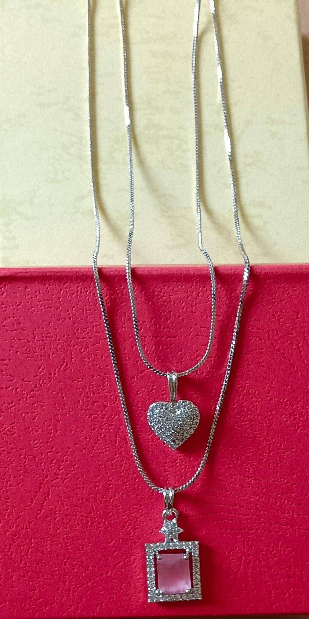 Pack of 2 Pendant Chains with 1 Silver Plated AD Studded Pink Pendant and 1 Diamond Heart Shaped Pendant Chain