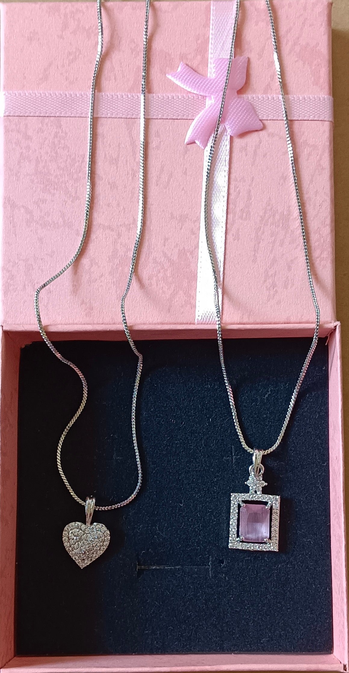 Pack of 2 Pendant Chains with 1 Silver Plated AD Studded Pink Pendant and 1 Diamond Heart Shaped Pendant Chain