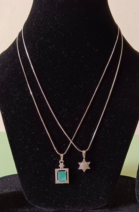 Pack of 2 Pendant Chains with 1 Silver Plated AD Studded Mint Green Pendant and 1 Diamond Star Shaped Pendant Chain