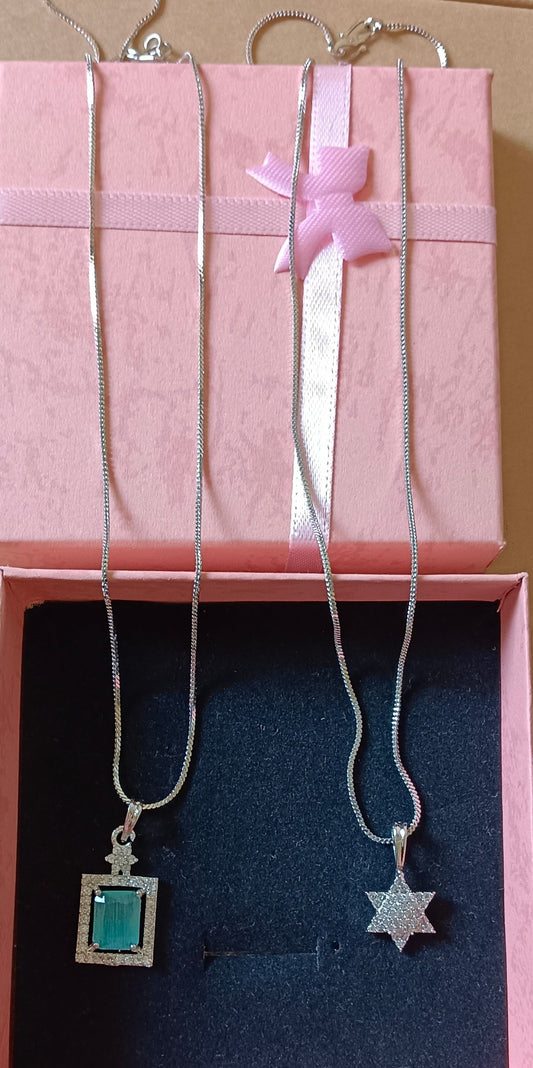 Pack of 2 Pendant Chains with 1 Silver Plated AD Studded Mint Green Pendant and 1 Diamond Star Shaped Pendant Chain