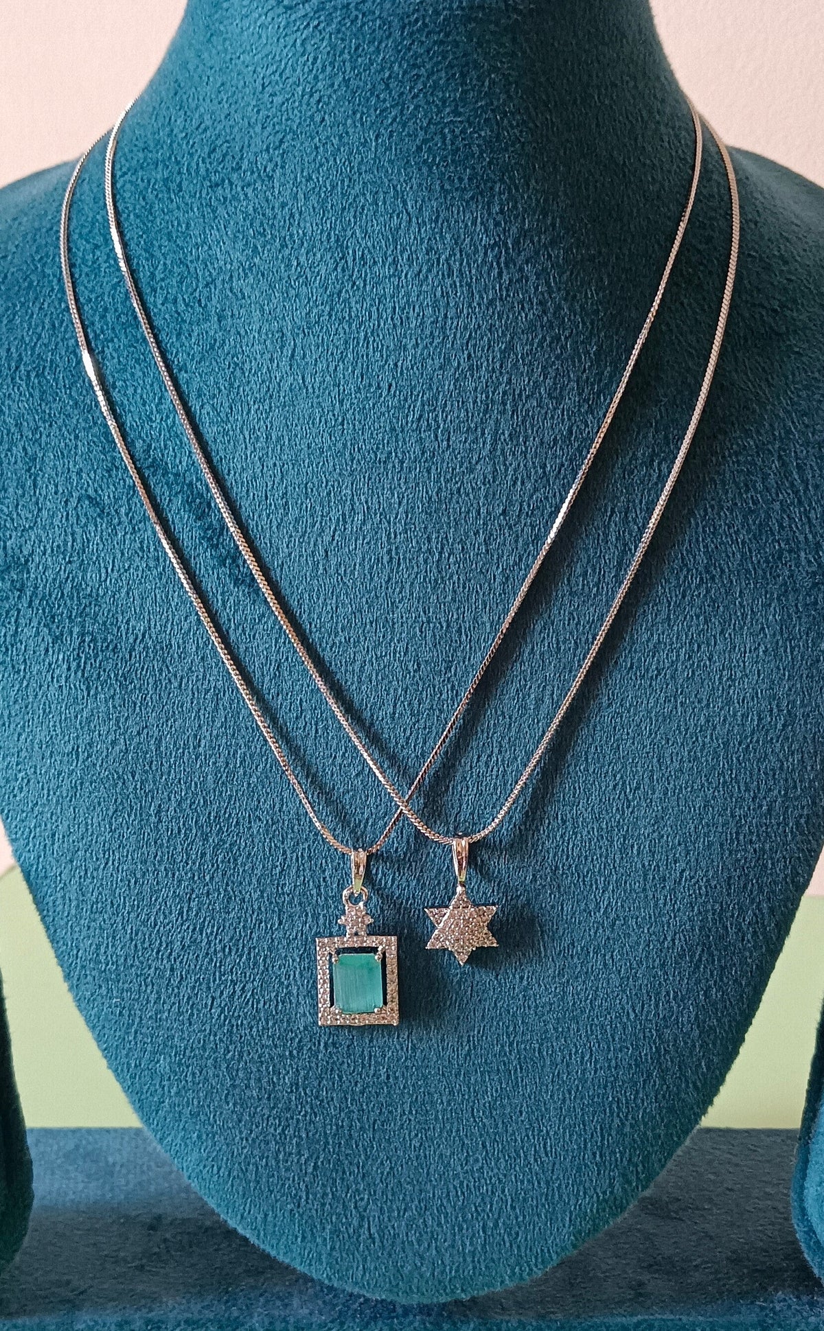 Pack of 2 Pendant Chains with 1 Silver Plated AD Studded Mint Green Pendant and 1 Diamond Star Shaped Pendant Chain