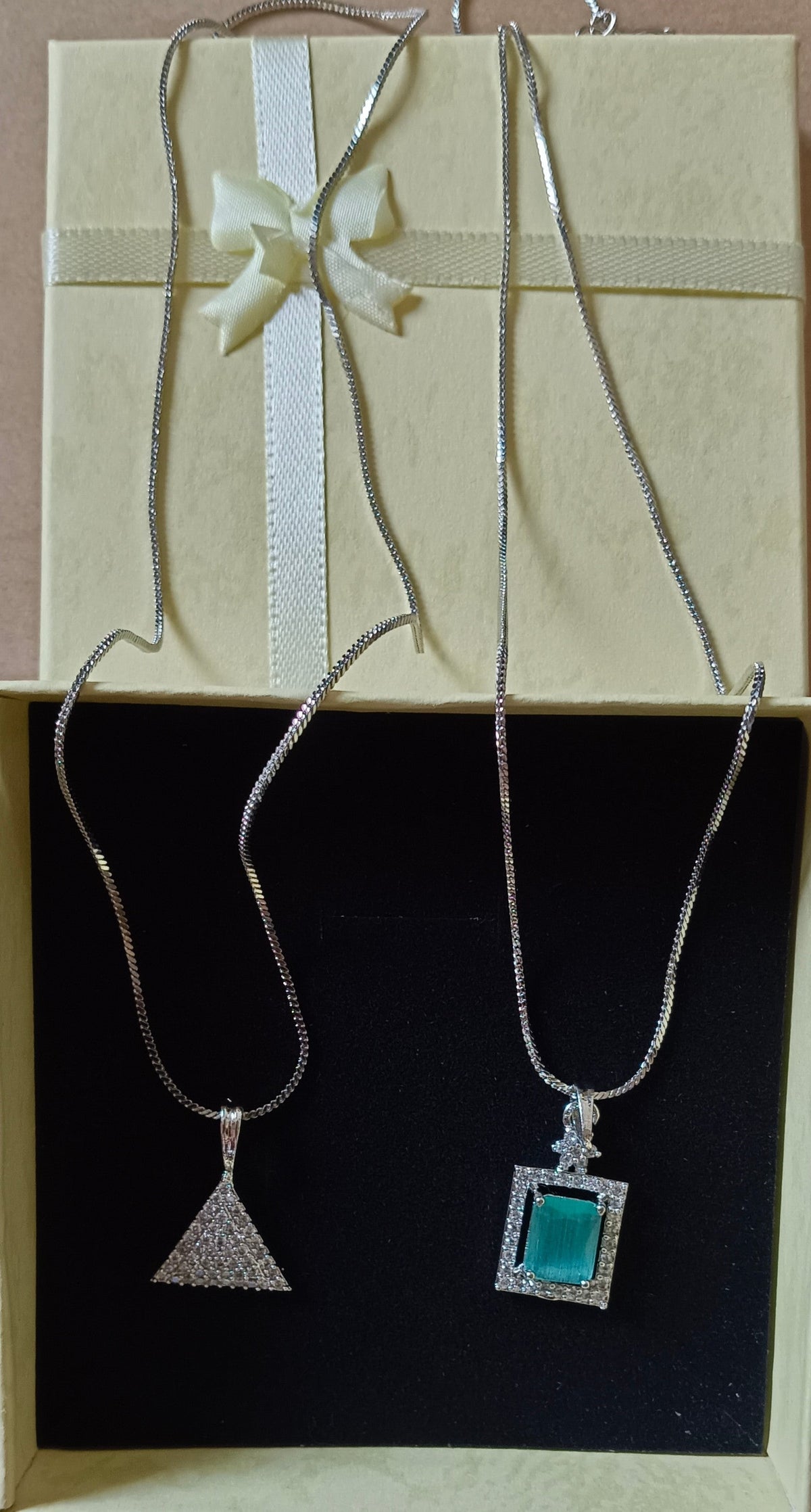 Pack of 2 Pendant Chains with 1 Silver Plated AD Studded Mint Green Pendant and 1 Diamond Triangle Shaped Pendant Chain