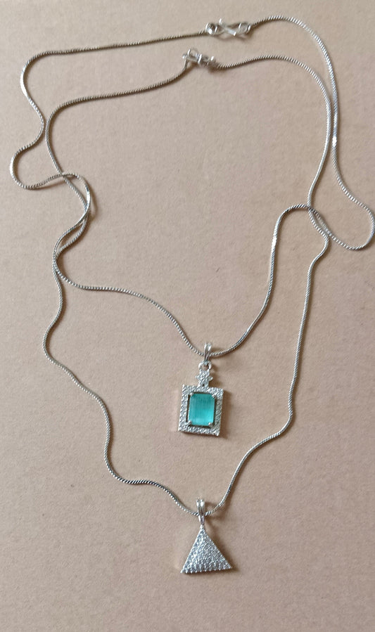 Pack of 2 Pendant Chains with 1 Silver Plated AD Studded Mint Green Pendant and 1 Diamond Triangle Shaped Pendant Chain