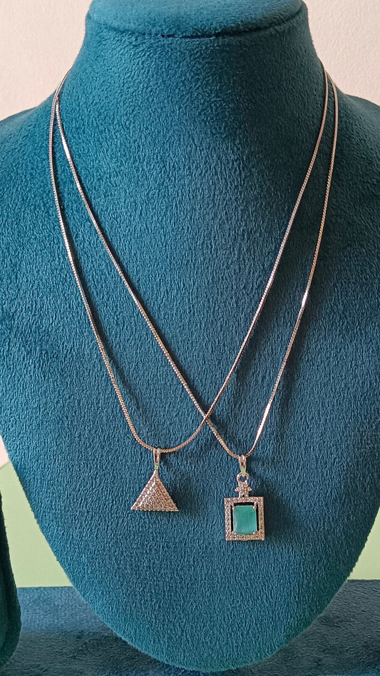Pack of 2 Pendant Chains with 1 Silver Plated AD Studded Mint Green Pendant and 1 Diamond Triangle Shaped Pendant Chain