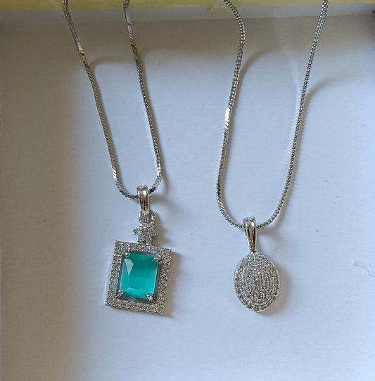 Pack of 2 Pendant Chains with 1 Silver Plated AD Studded Mint Green Pendant and 1 Diamond Oval Shaped Pendant Chain