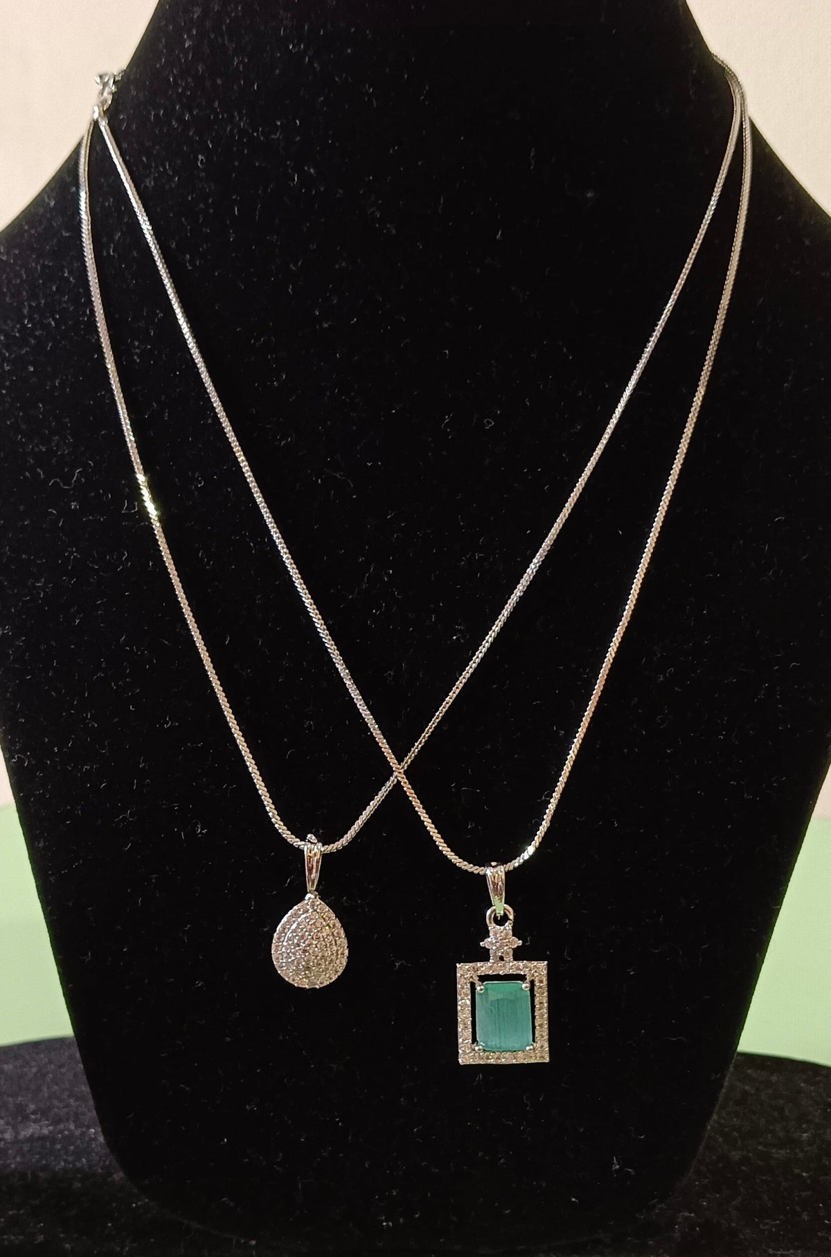 Pack of 2 Pendant Chains with 1 Silver Plated AD Studded Mint Green Pendant and 1 Diamond Tear Drop Shaped Pendant Chain