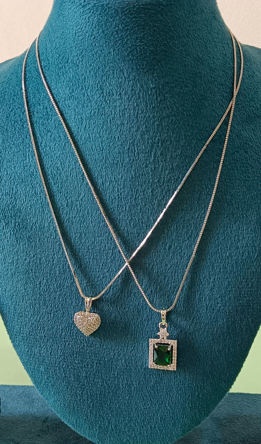 Pack of 2 Pendant Chains with 1 Silver Plated AD Studded Green Pendant and 1 Diamond Heart Shaped Pendant Chain