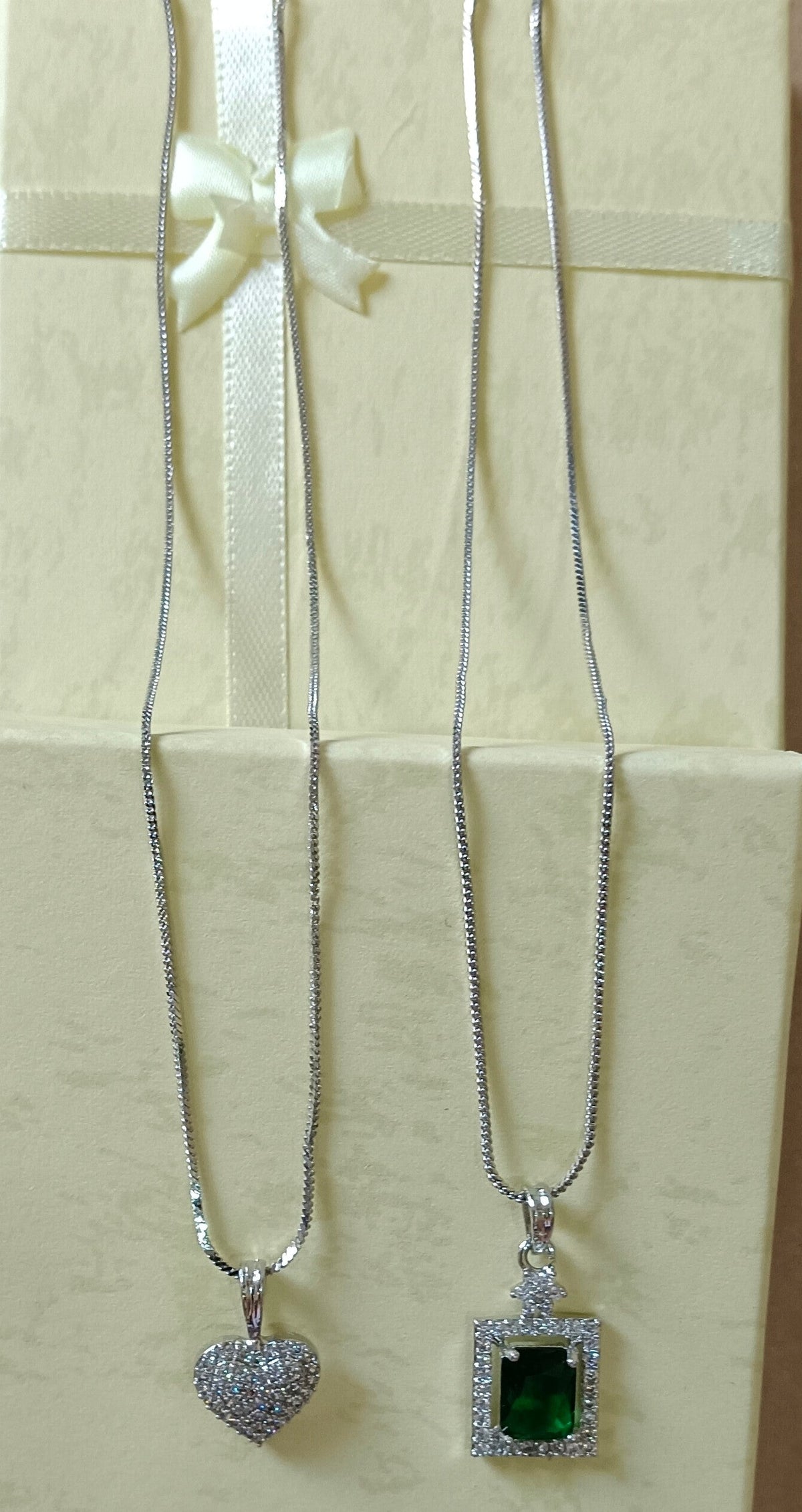 Pack of 2 Pendant Chains with 1 Silver Plated AD Studded Green Pendant and 1 Diamond Heart Shaped Pendant Chain