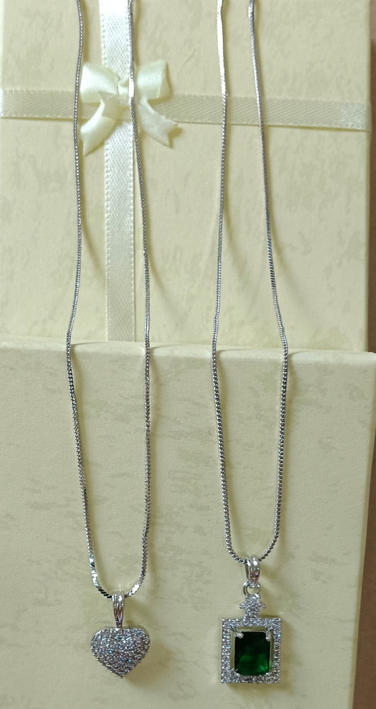 Pack of 2 Pendant Chains with 1 Silver Plated AD Studded Green Pendant and 1 Diamond Heart Shaped Pendant Chain