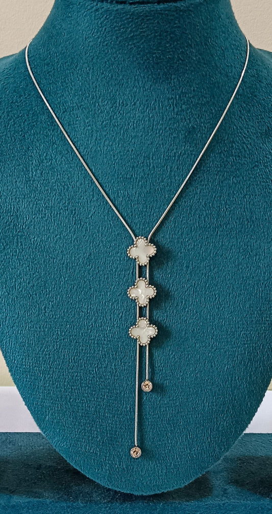 White Clover Shaped Silver Toned Y Stainless Steel Necklace
