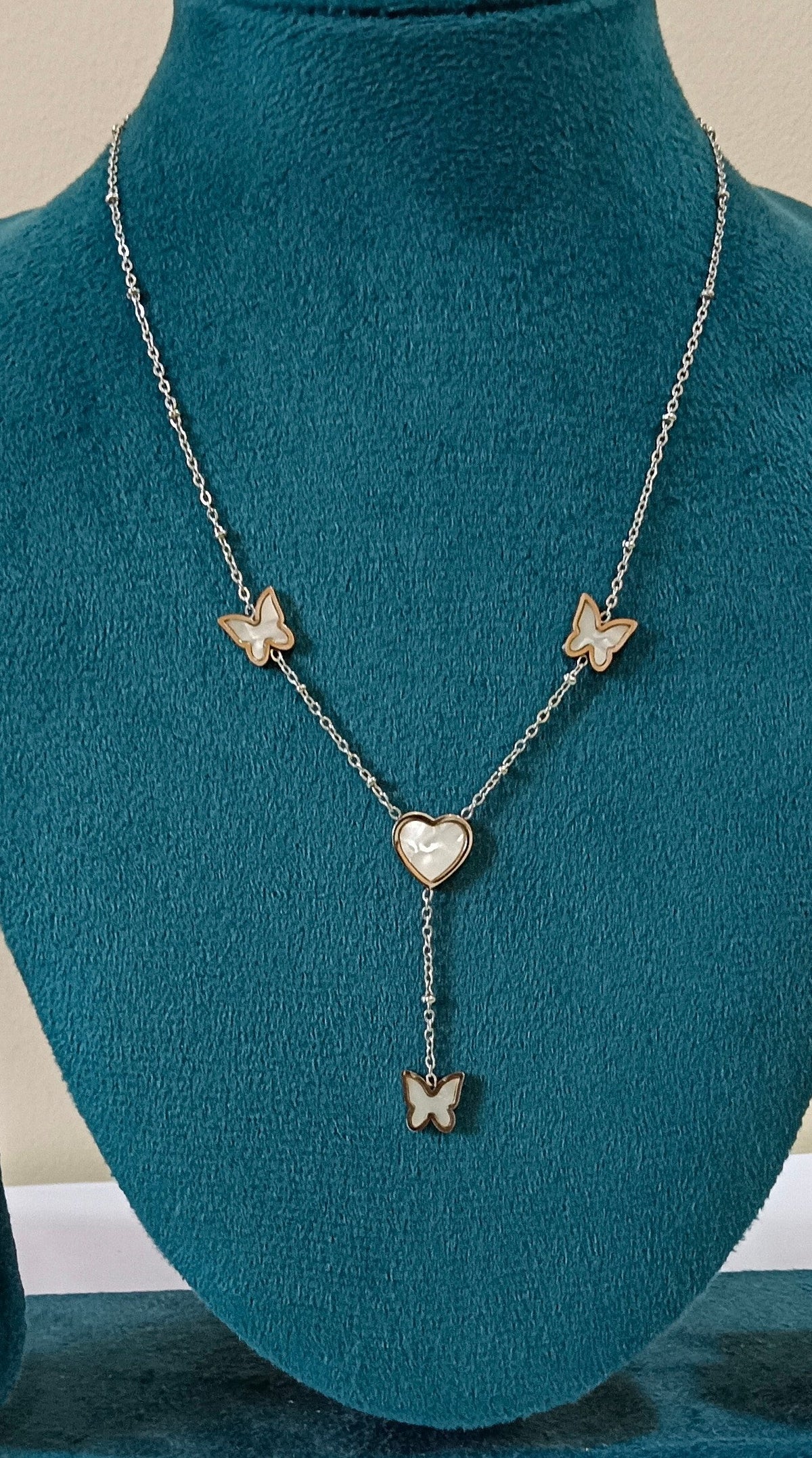 Butterfly Charms With Faux Pearl Stainless Steel Necklace