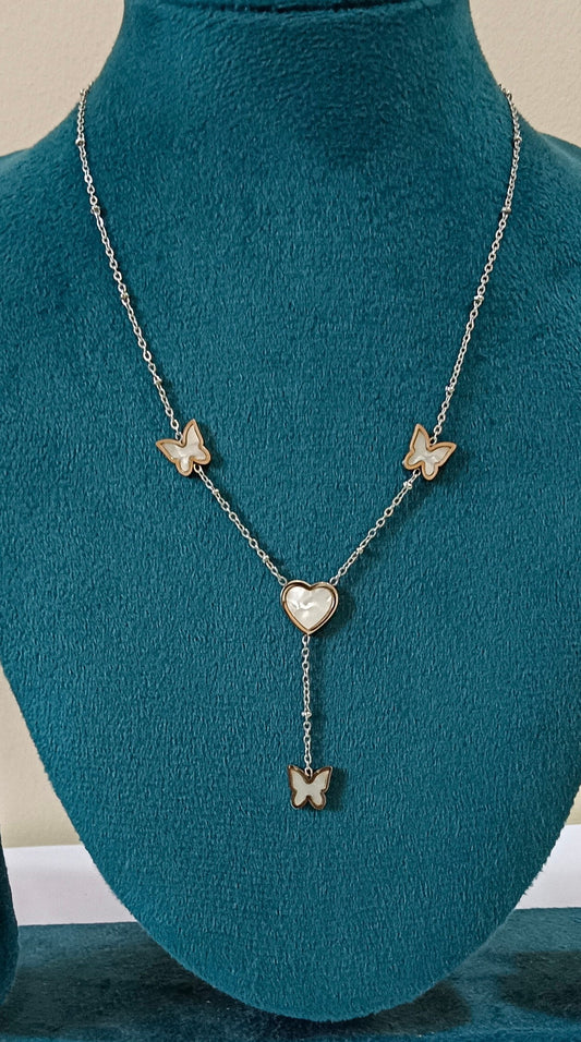 Butterfly Charms With Faux Pearl Stainless Steel Necklace