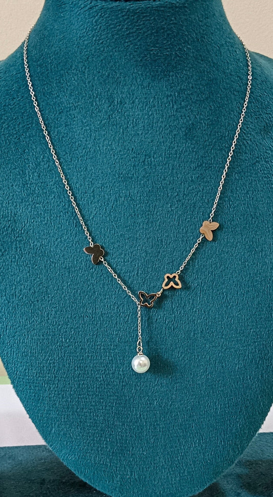 White Ceramin Butterfly and Heart Stainless Steel Necklace