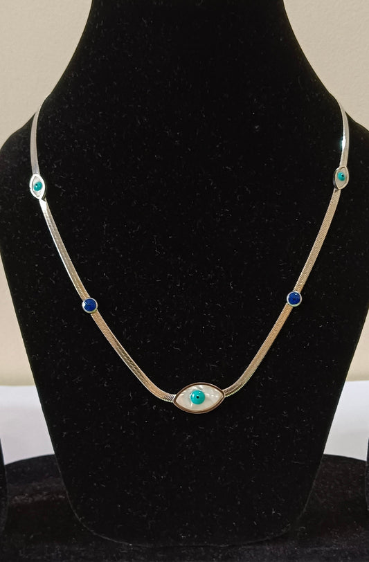Silver Toned Evil Eye Charms with Blue and White Accent Stainless Steel Necklace