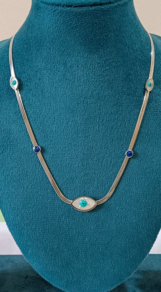 Silver Toned Evil Eye Charms with Blue and White Accent Stainless Steel Necklace