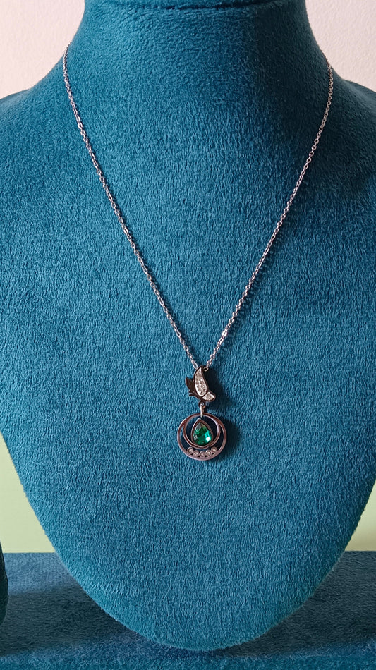 Emerald With Double Loops and Bird Stainless Steel Necklace