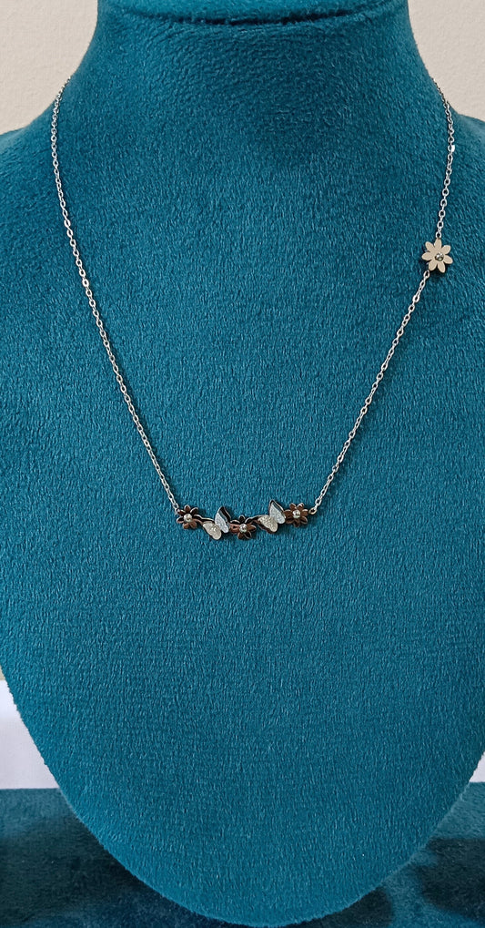Silver Toned Floral Butterfly Stainless Steel Necklace