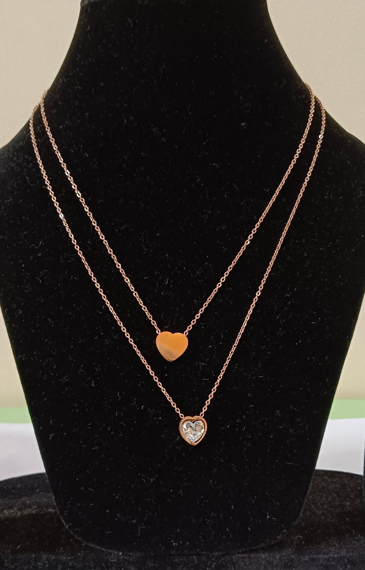 Double Layered Rose Gold Two Heart Shaped Pendant Stainless Steel Necklace