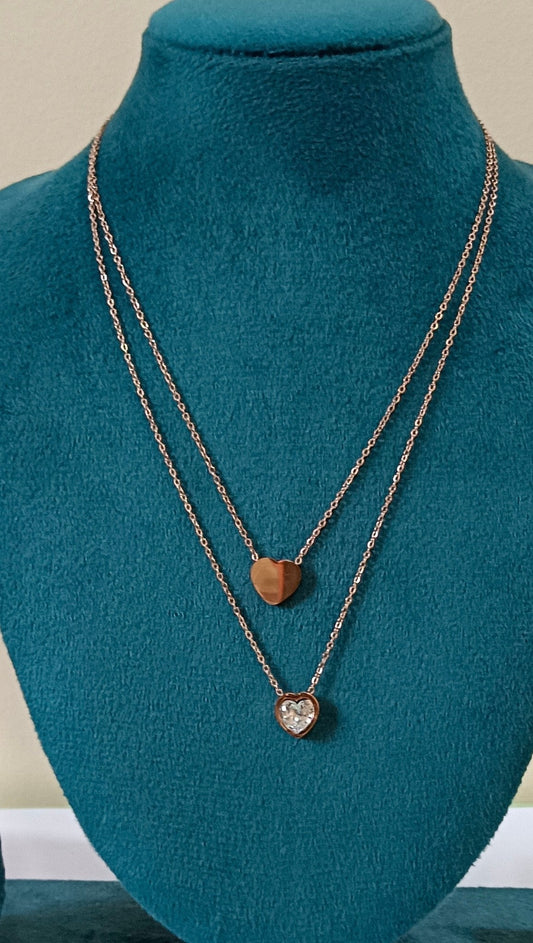 Double Layered Rose Gold Two Heart Shaped Pendant Stainless Steel Necklace
