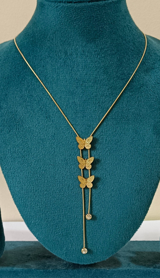 Gold Plated 3 Butterfly Long Chain with Stone Pendant Stainless Steel Necklace