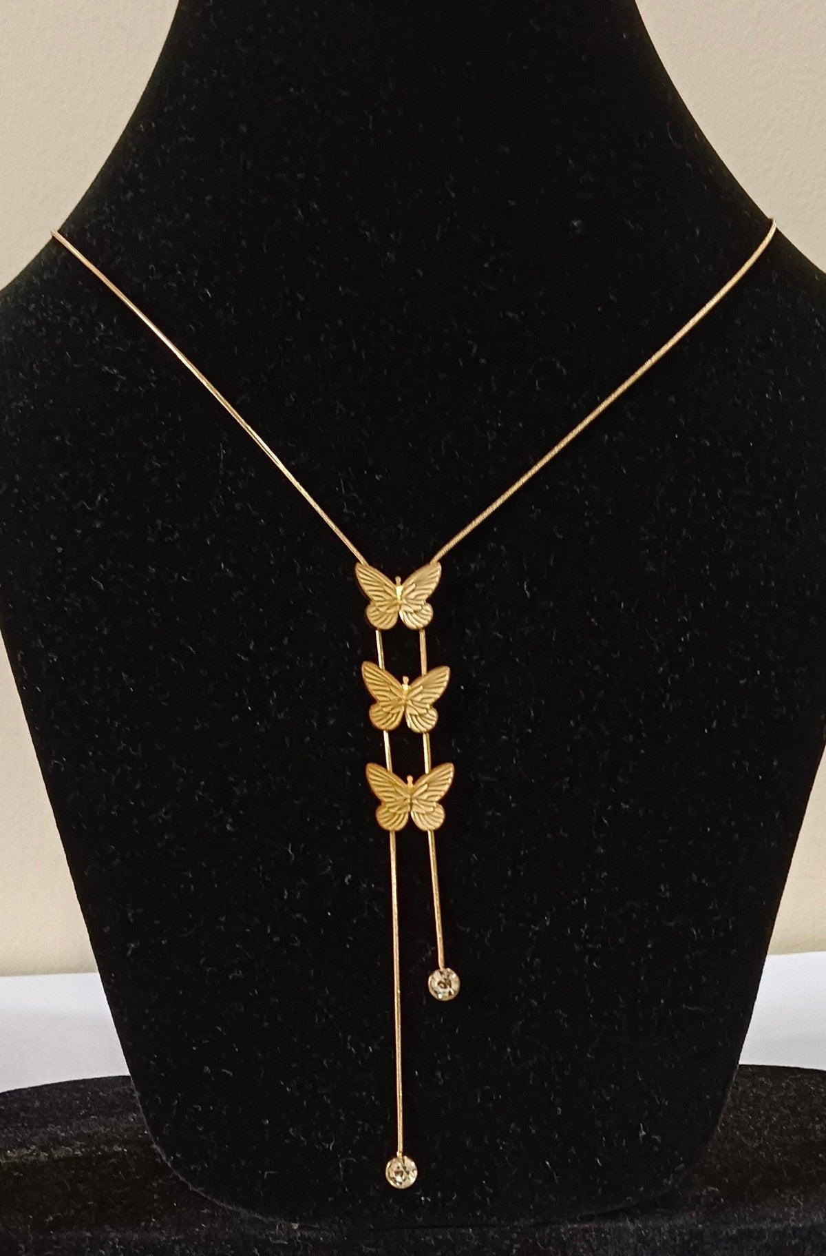 Gold Plated 3 Butterfly Long Chain with Stone Pendant Stainless Steel Necklace