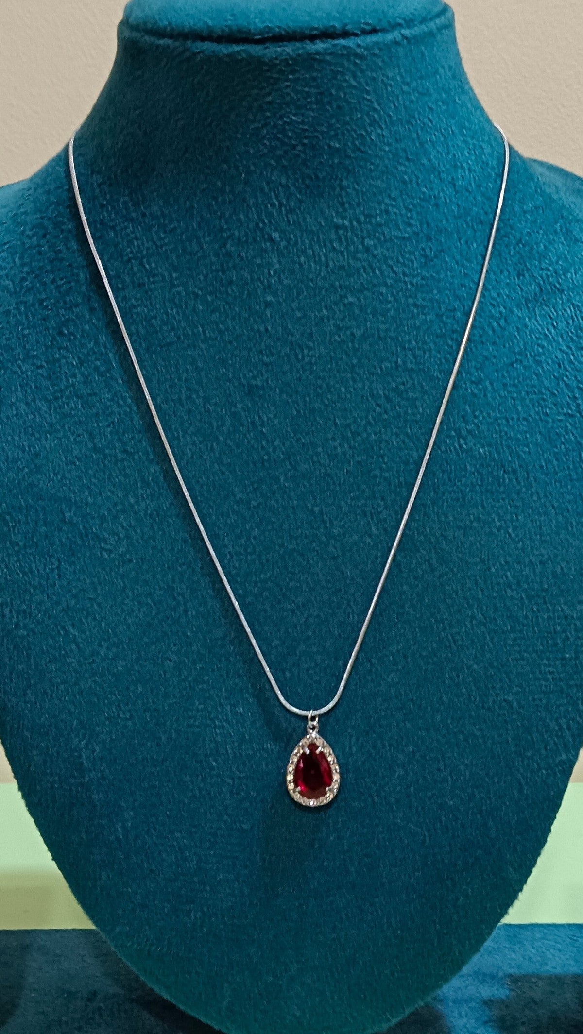 Red Tear Drop Shaped Pendant with Rhinestone Border Stainless Steel Necklace