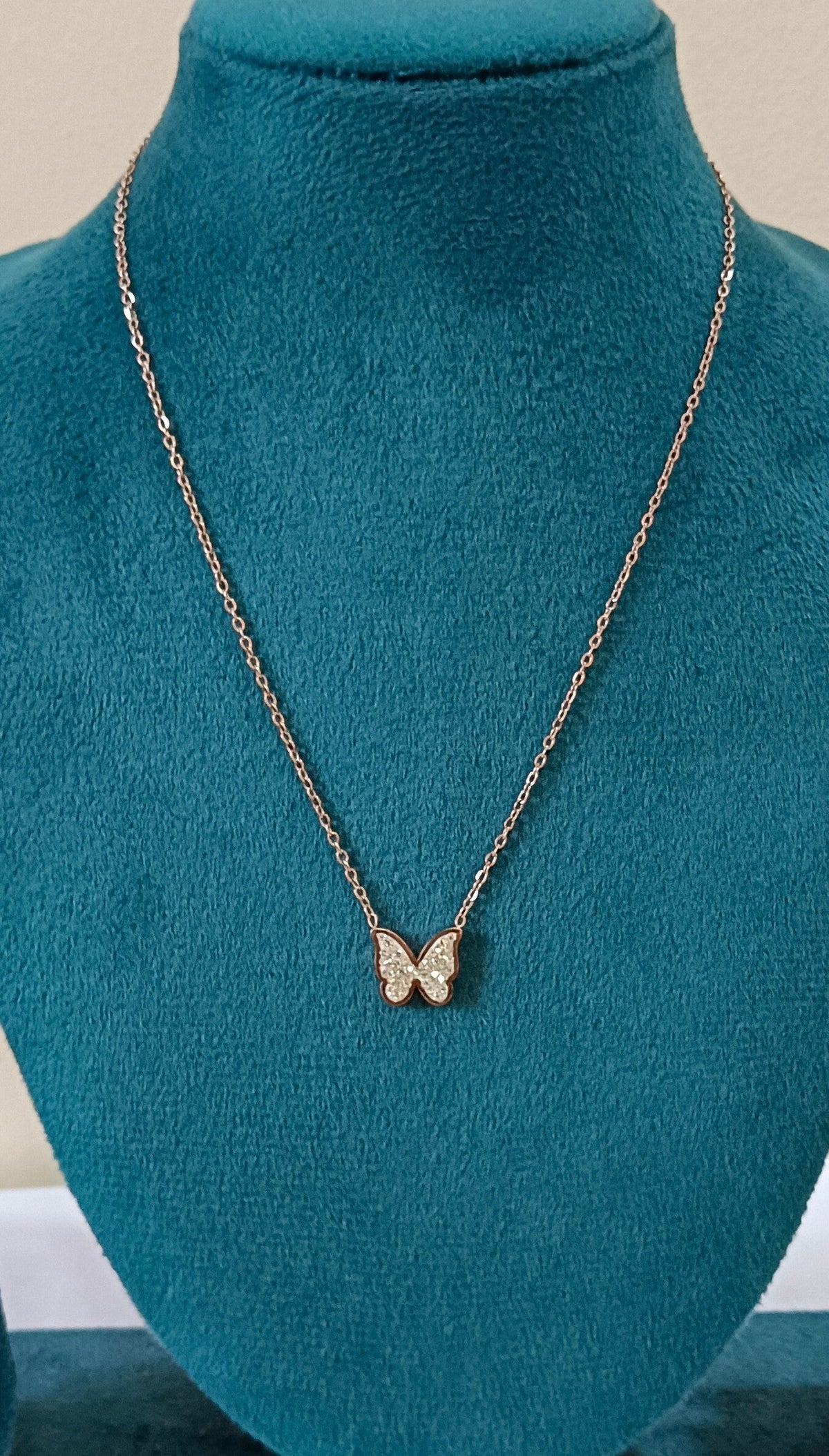 Rose Gold Plated Stone Accented Butterfly Pendant Stainless Steel Necklace